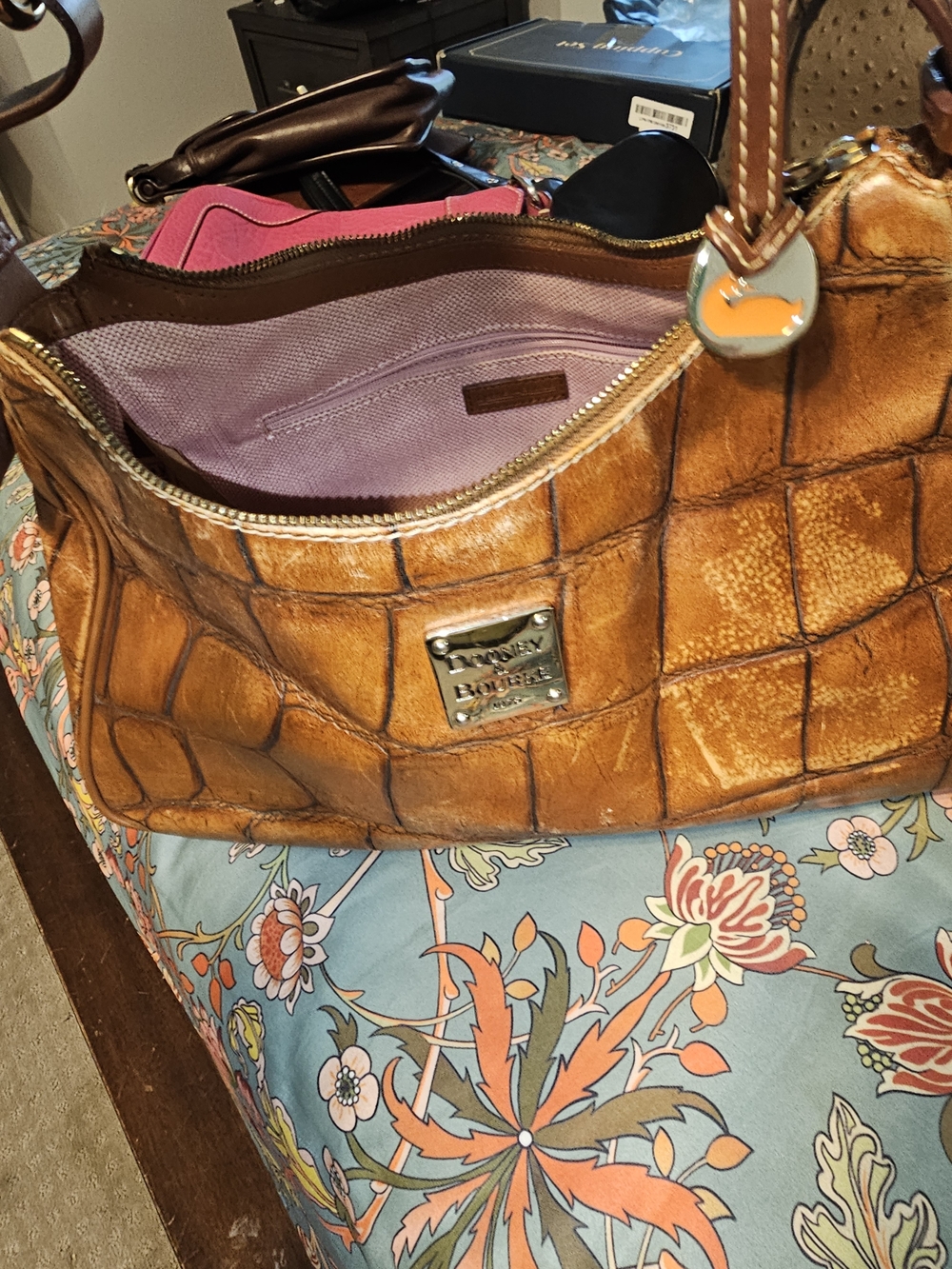 Dooney & Bourke Cognac Croc-Embossed Shoulder Bag with Pink Interior